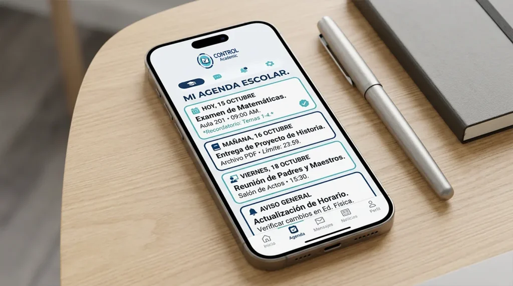 Movil mostrando la app de control academic en el modulo de comunicacion escolar