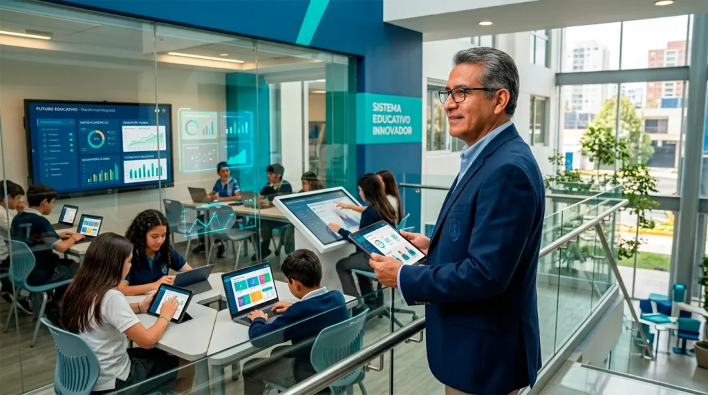 Un rector haciendo uso de herramientas tecnologicas para la gestión escolar en 2026