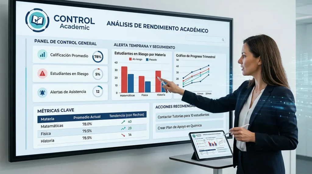 Profesora analizando datos de estudiantes en tiempo real