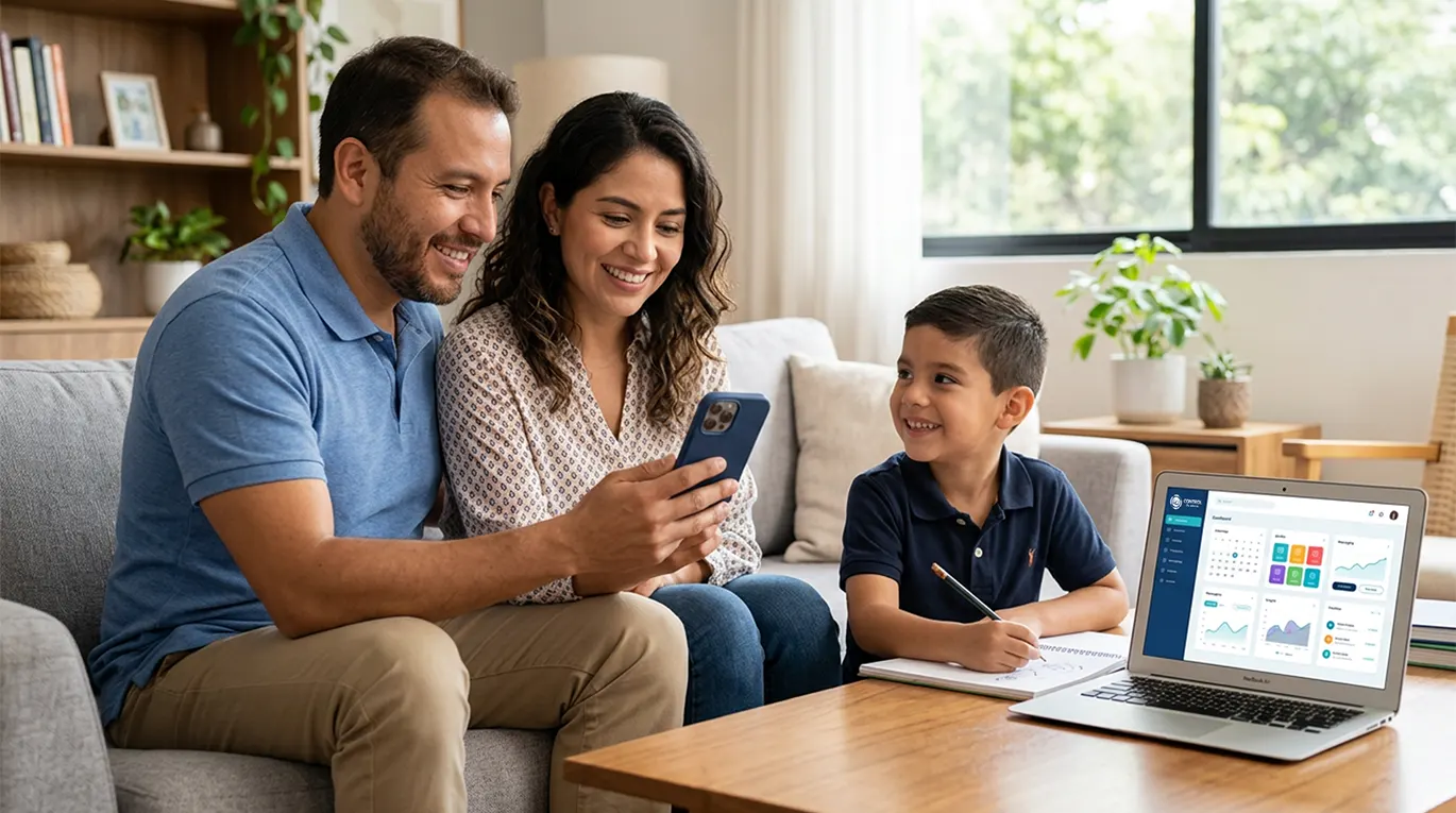 una familia haciendo matriculas en línea desde la plataforma Control Academic