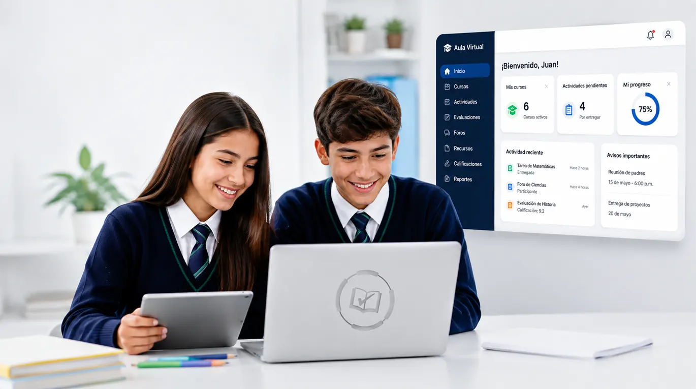 Plataforma de aprendizaje b-learning para colegios con estudiantes utilizando un aula virtual de Control Academic para la modernización educativa y la gestión escolar en 2026.