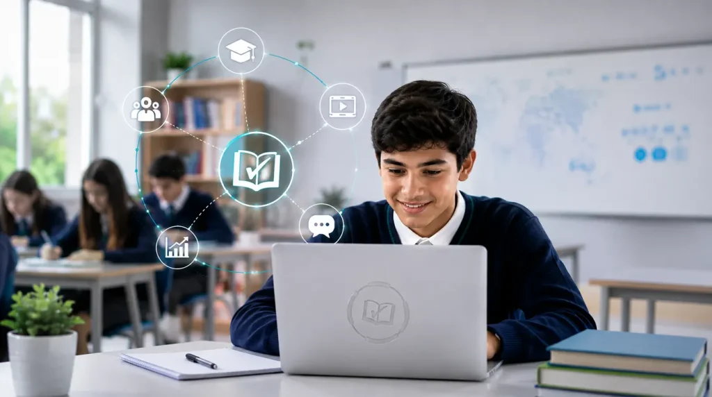 Estudiante utilizando una plataforma de aprendizaje B-Learning para colegios que integra educación presencial y aula virtual para una enseñanza híbrida moderna.