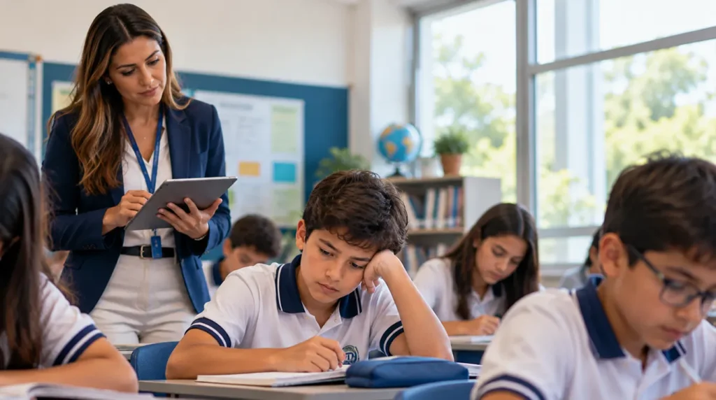 Docente observa el desempeño y la participación de sus estudiantes durante una clase para identificar señales tempranas de dificultades académicas y fortalecer el seguimiento estudiantil en una institución educativa con apoyo de Control Academic.