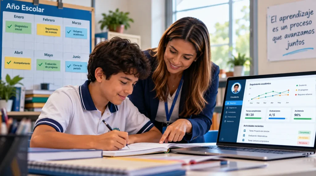 Docente realiza seguimiento académico continuo a un estudiante durante el año escolar, revisando su progreso y brindando acompañamiento oportuno para fortalecer el rendimiento académico y prevenir dificultades en una institución educativa con apoyo de Control Academic